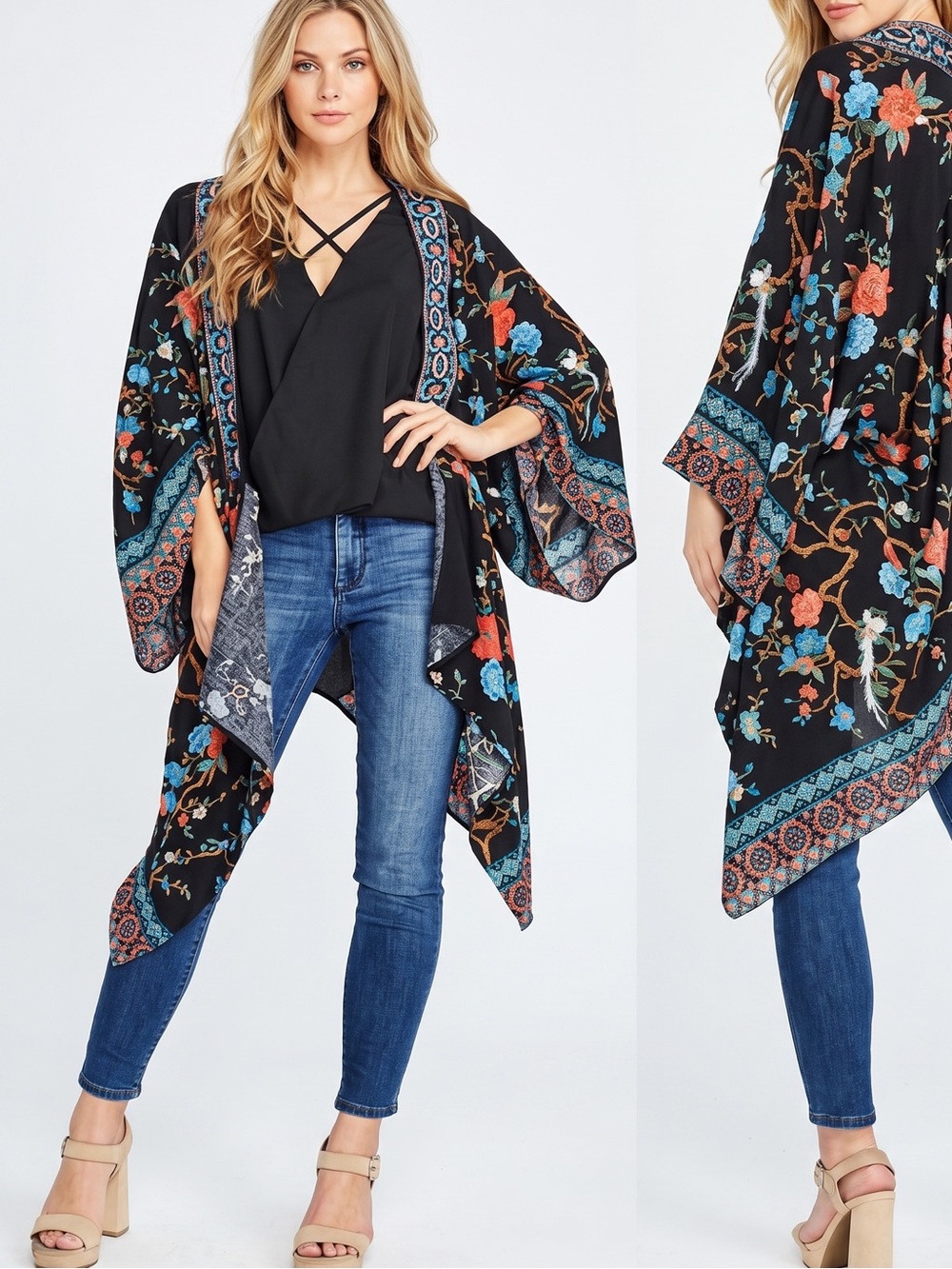 Flying Tomato Black Embroidered Floral Kimono with Blue/Coral Trim